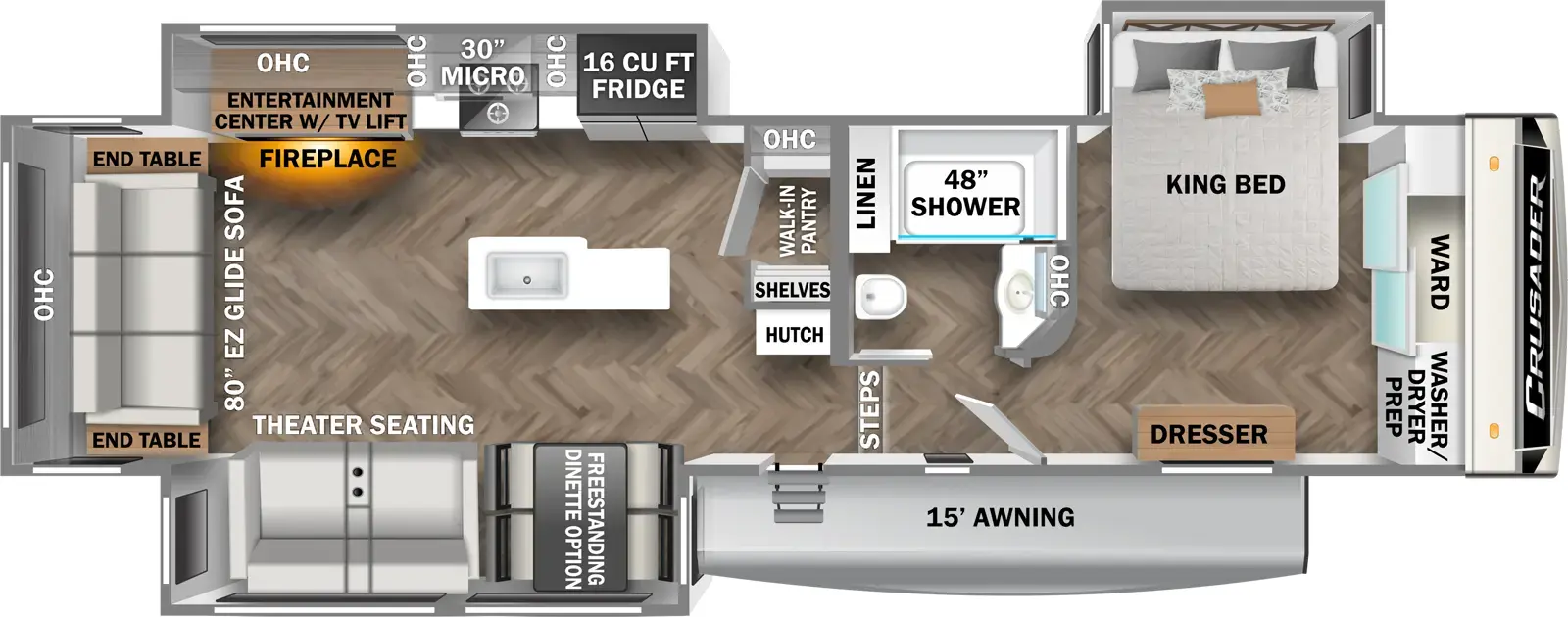 The 335RLP has three slideouts and one entry. Exterior features a 15 foot awning. Interior layout front to back: front wardrobe, off-door side king bed slideout, and door side dresser; off-door side full bathroom with medicine cabinet and linen closet; steps down to main living area and entry; angled hutch, and walk-in pantry with overhead cabinet and shelves along inner wall; off-door side slideout with refrigerator, counter with cooktop, microwave, overhead cabinets, and entertainment center with TV lift and fireplace; kitchen island with sink; door side slideout with free-standing dinette option, and theater seating; rear hide-a-bed sofa with end tables on each side and overhead cabinet.